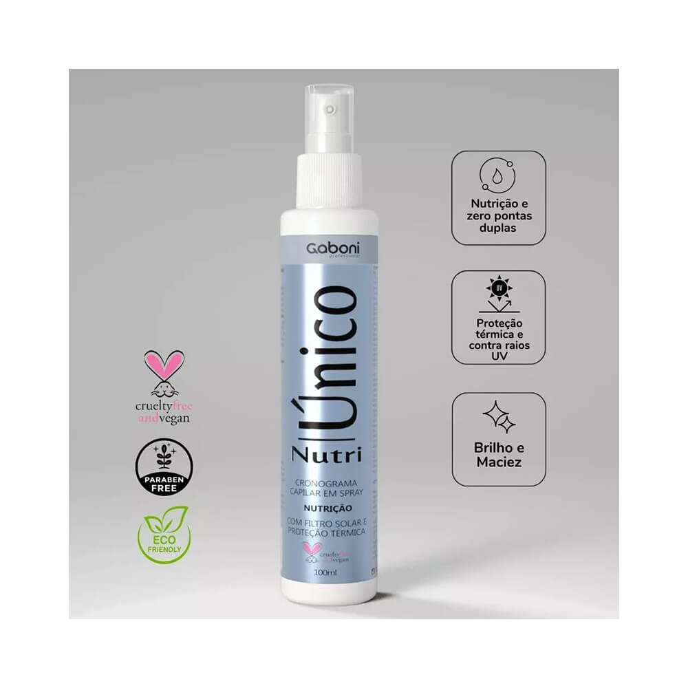 Spray Termoativo Gaboni Nutri Único 100ml com ícones de benefícios e certificações