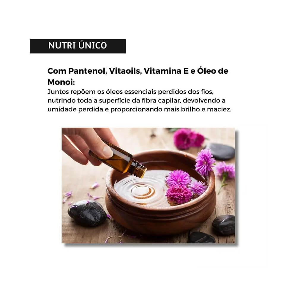 Ingredientes do Spray Termoativo Gaboni Nutri Único: Pantenol, Vitamina E e Óleo de Monoi