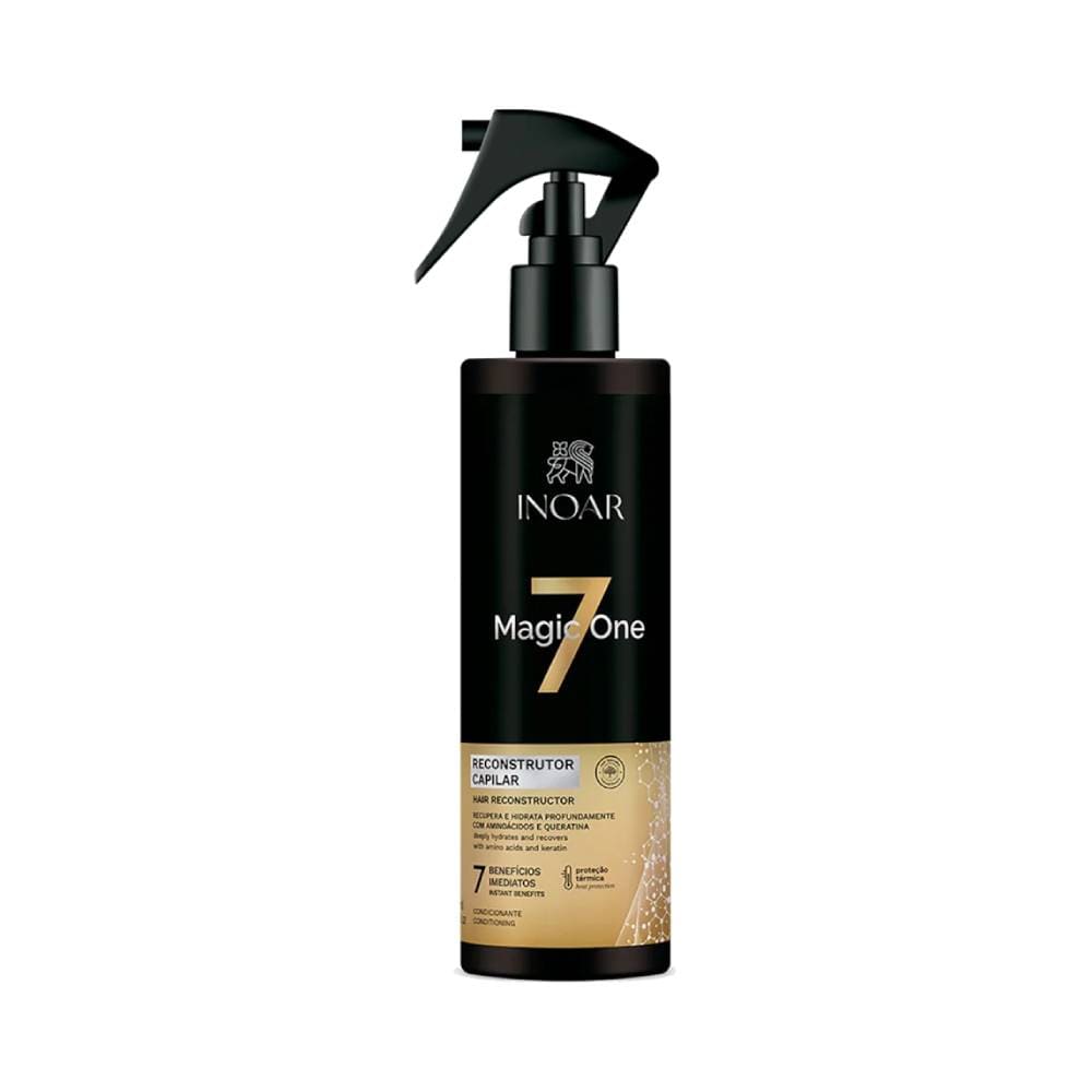 Frasco preto com detalhes dourados do Reconstrutor Capilar Inoar Magic One 7 300ml