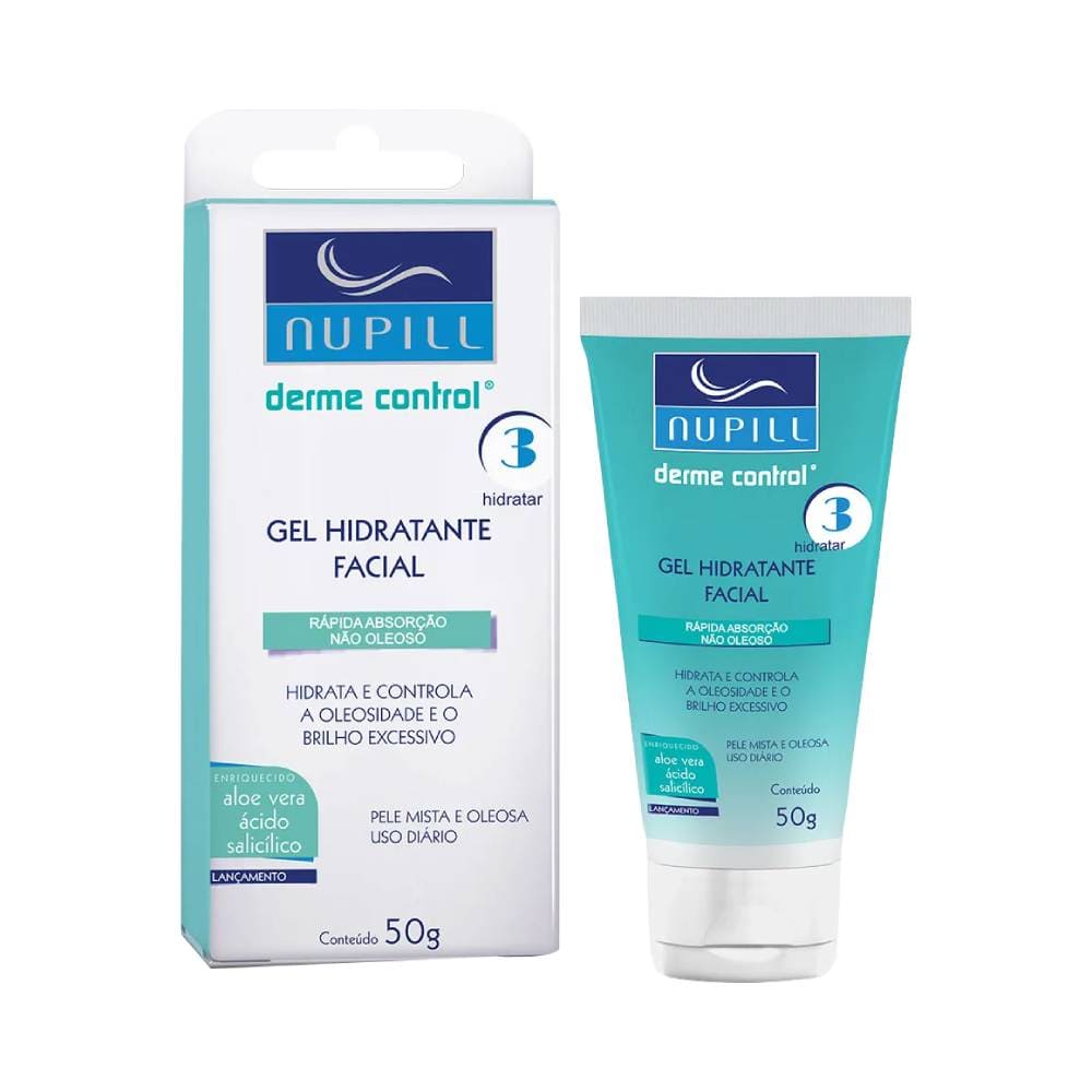 Gel Hidratante Facial Nupill Derme Control 50g com embalagem branca e detalhes em azul e verde água