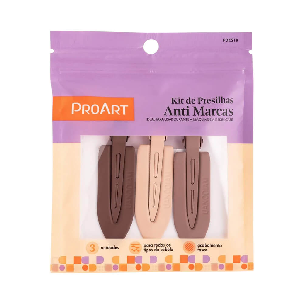 Embalagem plástica do Kit Presilhas Proart Anti Marcas com 3 unidades, mostrando presilhas em tons marrom escuro, bege e marrom médio