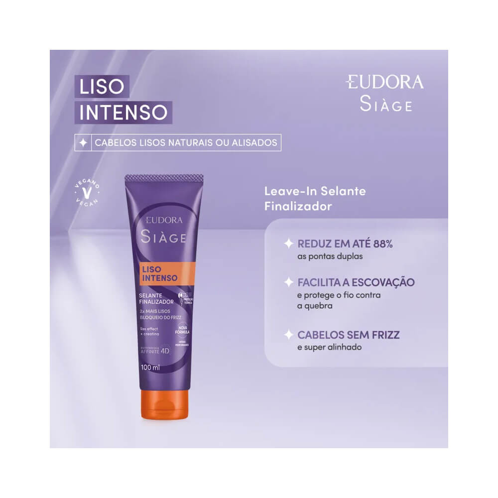 Leave-In Siàge Liso Intenso destaque benefícios e embalagem