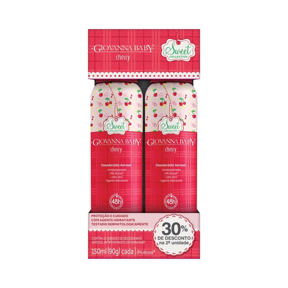 Kit com 2 unidades do Desodorante Aerosol Giovanna Baby Cherry 150ml, embalagem vermelha com detalhes em branco e cerejas.