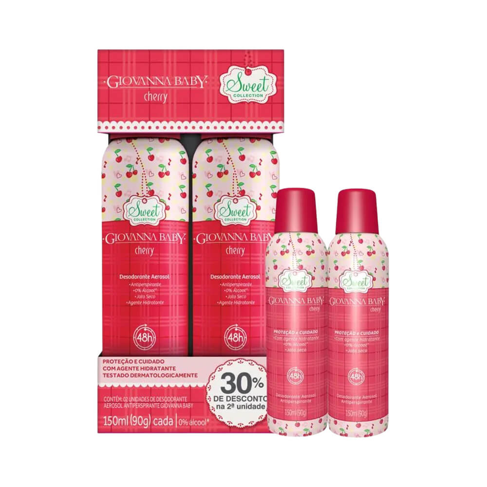 Kit com 2 desodorantes aerosol Giovanna Baby Cherry 150ml exibindo design e embalagem.