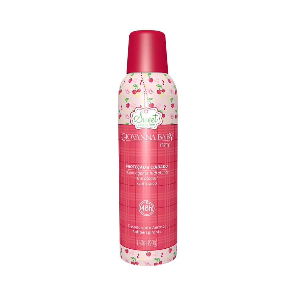 Desodorante Aerosol Giovanna Baby Cherry 150ml individual com embalagem vermelha e branca decorada com cerejas.