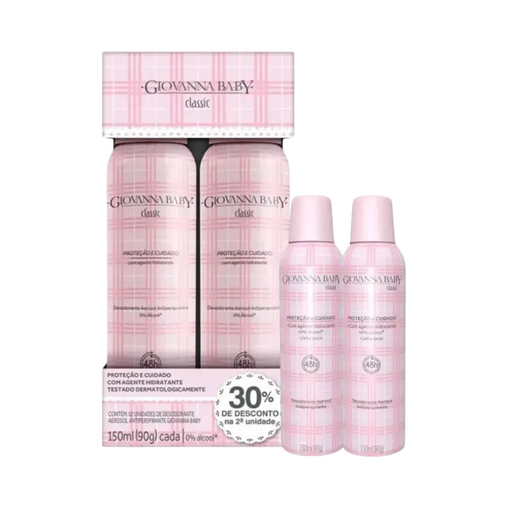 Detalhe do Kit Desodorante Aerosol Giovanna Baby Classic com embalagem rosa claro