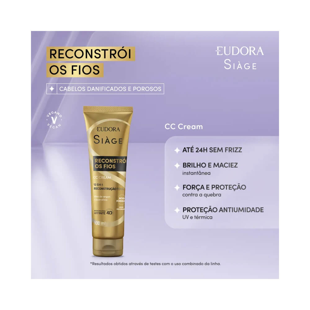 CC Cream Siàge Eudora com destaque para benefícios 24h sem frizz e proteção térmica