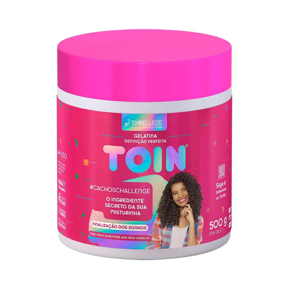Pote de Gelatina Capilar Embelleze Toin 500g com design rosa e imagem de mulher com cabelo cacheado