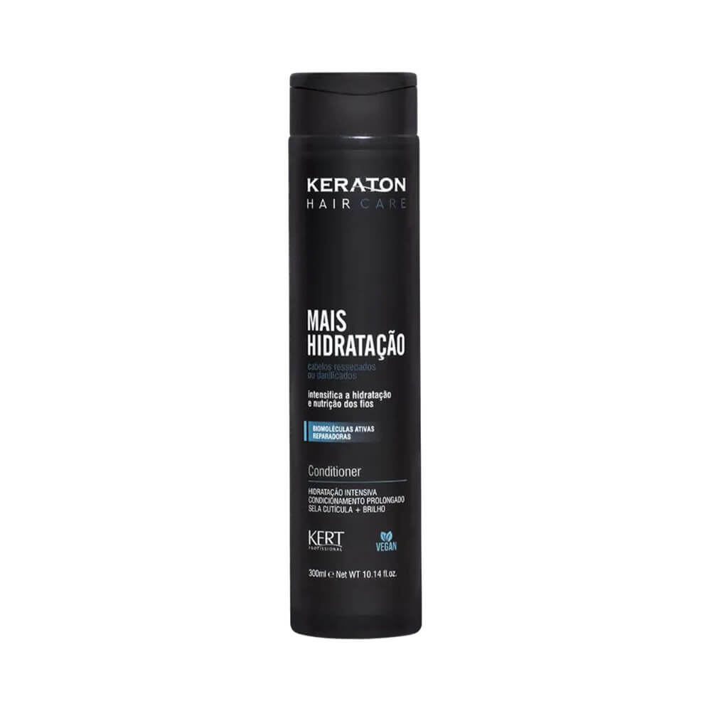 Frasco preto do Condicionador Keraton Mais Hidratação 300ml com tampa preta e texto branco destacando hidratação intensa e brilho