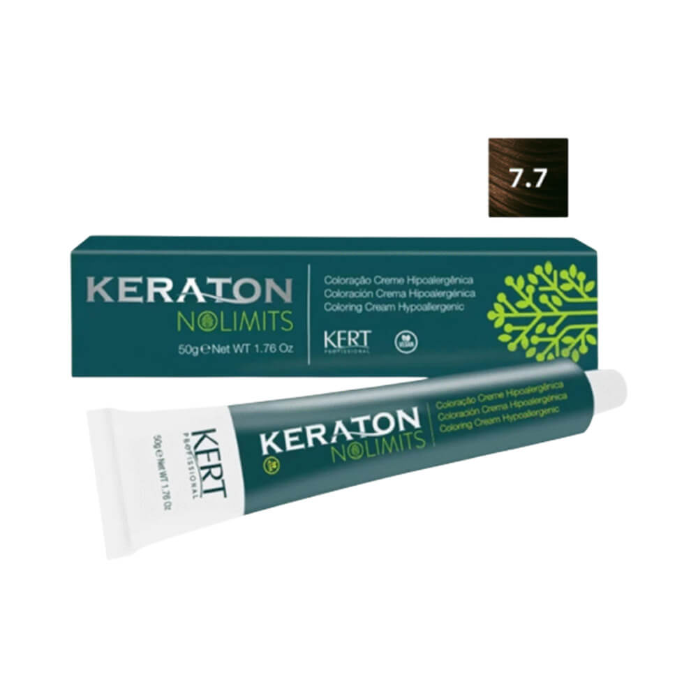 Imagem da coloração Keraton No Limits 7.7 Louro Médio Marrom com embalagem verde escura e tubo do produto.