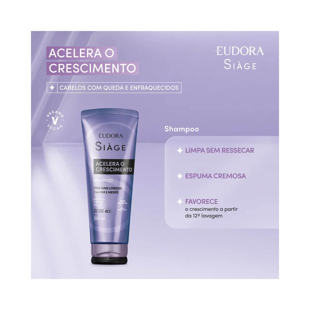 Shampoo Siàge Acelera o Crescimento com fundo roxo claro e tubo em destaque