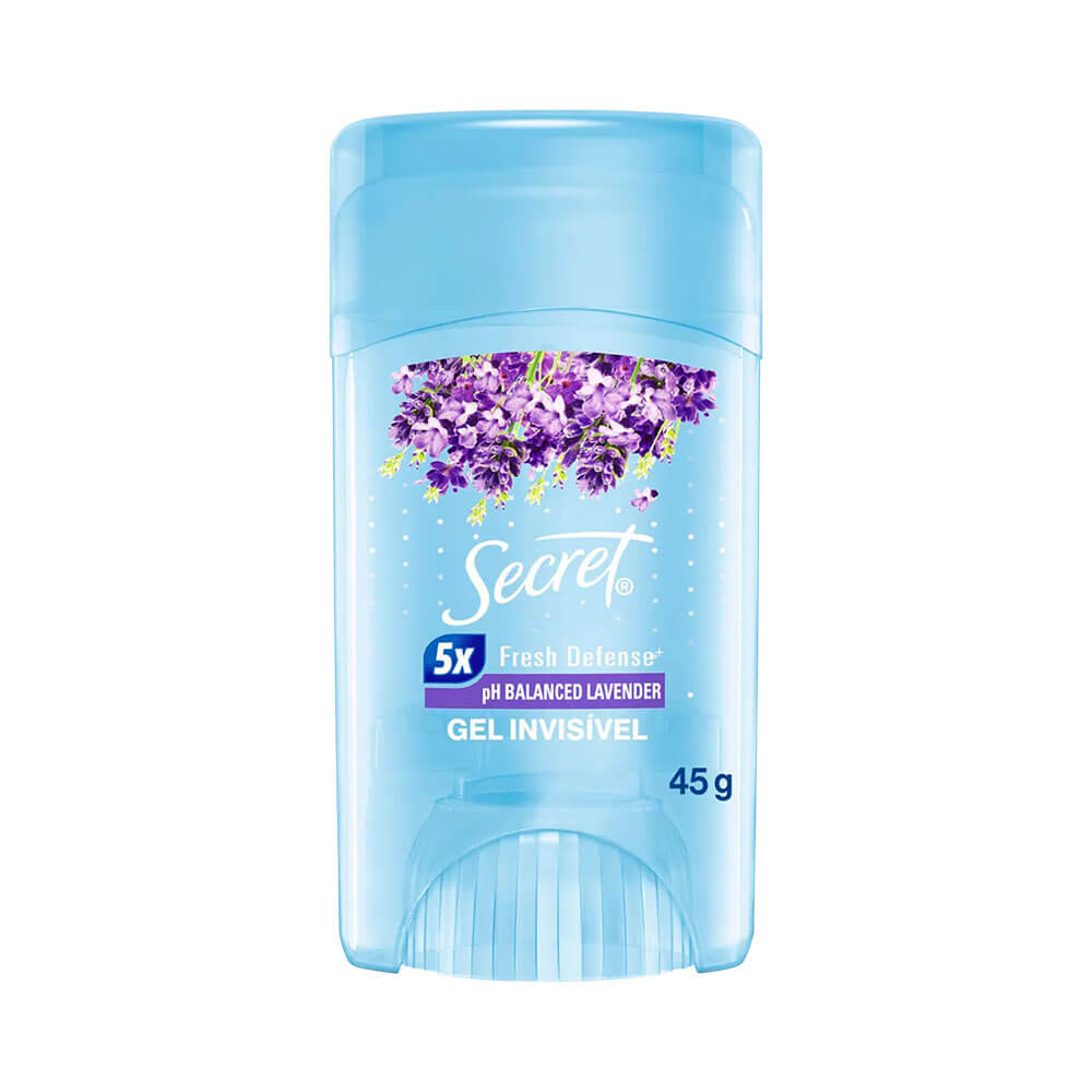 Desodorante em gel Secret pH Balanced Lavander 45g com embalagem azul clara translúcida e tampa azul opaca