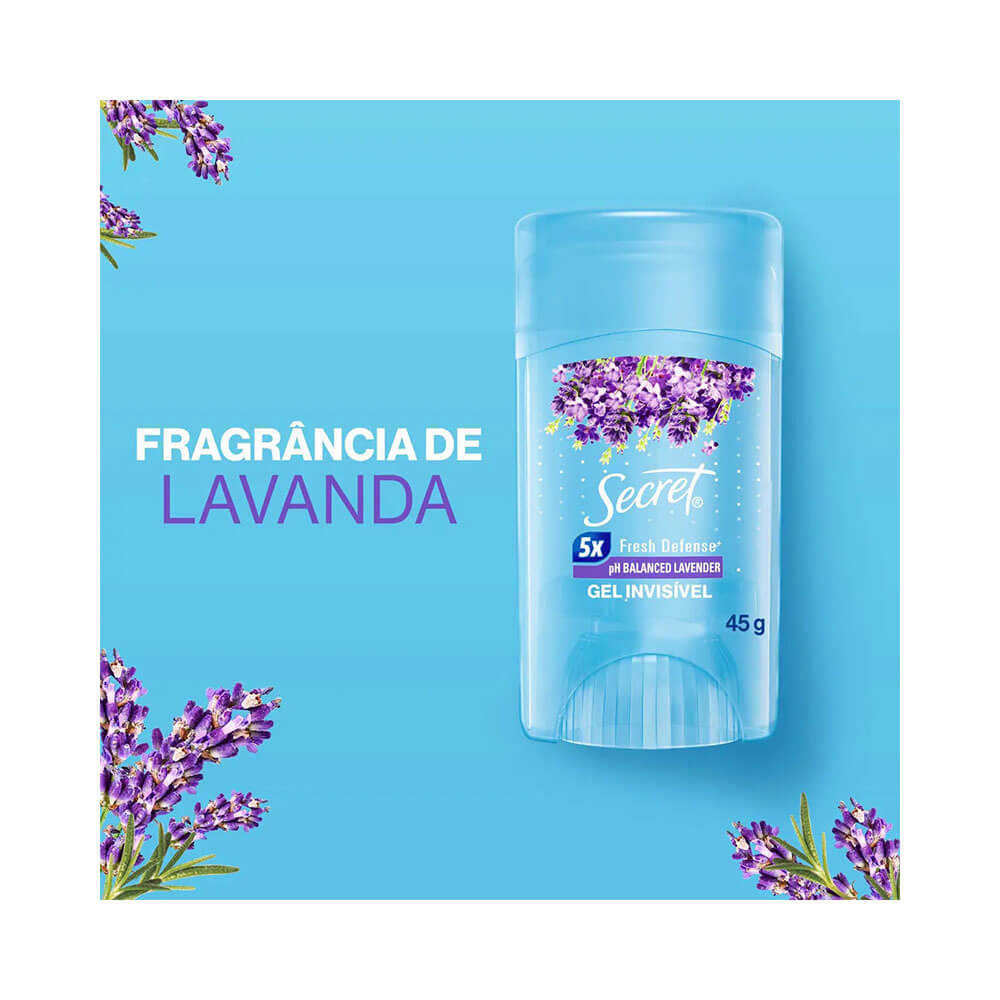 Desodorante em gel Secret pH Balanced Lavander 45g com destaque para fragrância de lavanda