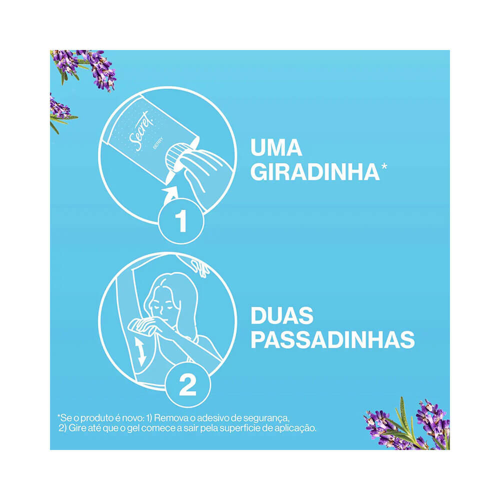 Imagem instrucional do desodorante em gel Secret pH Balanced Lavander 45g mostrando modo de uso