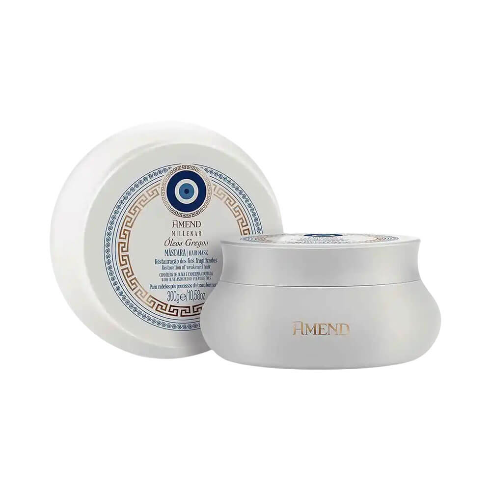 Máscara Capilar Amend Millenar Óleos Gregos embalagem branca com tampa prateada