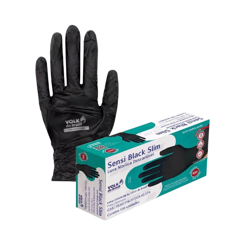 Luva descartável preta de nitrila Volk Sensi Black Slim EG com caixa ao lado