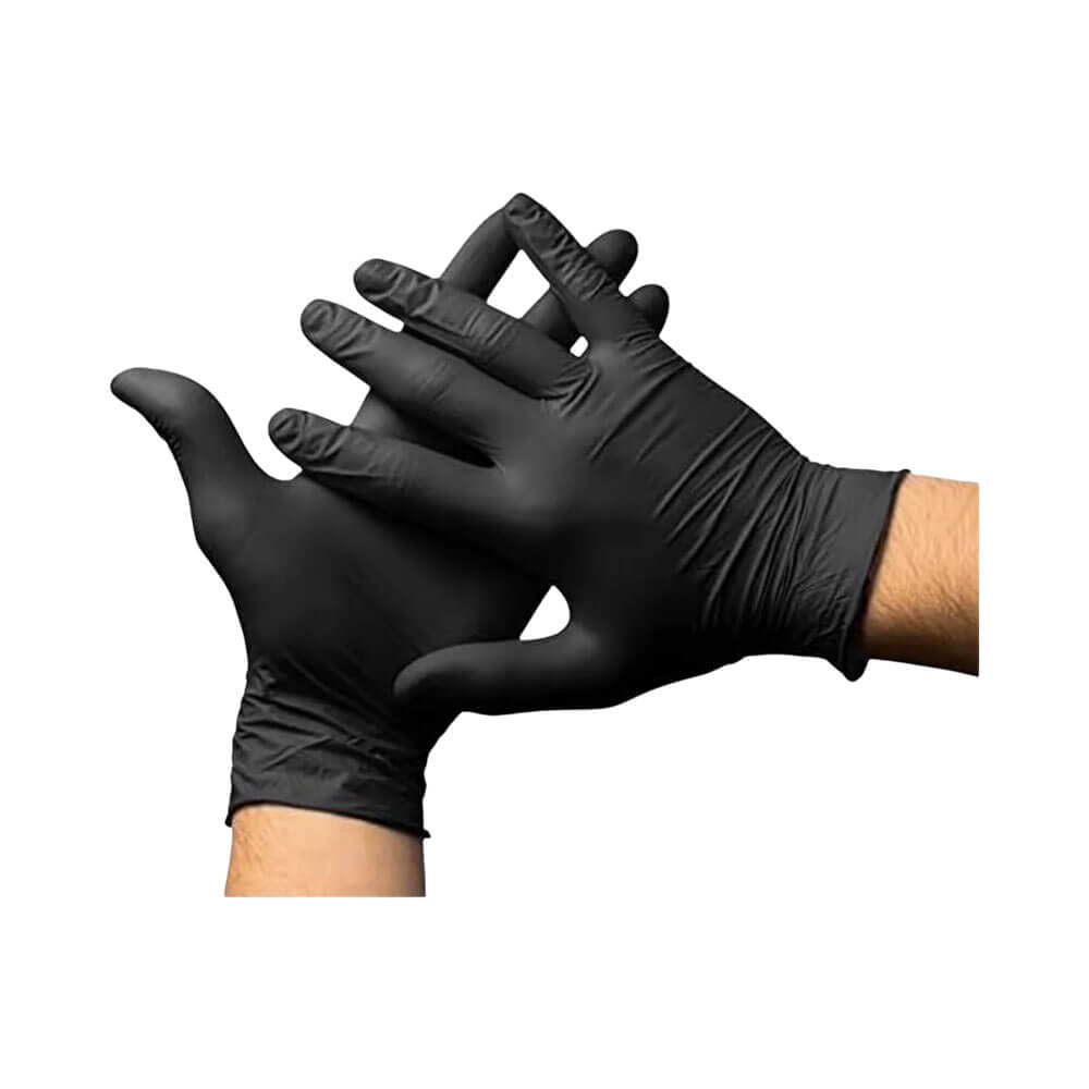 Duas mãos vestindo luvas pretas descartáveis Volk Sensi Black Slim EG