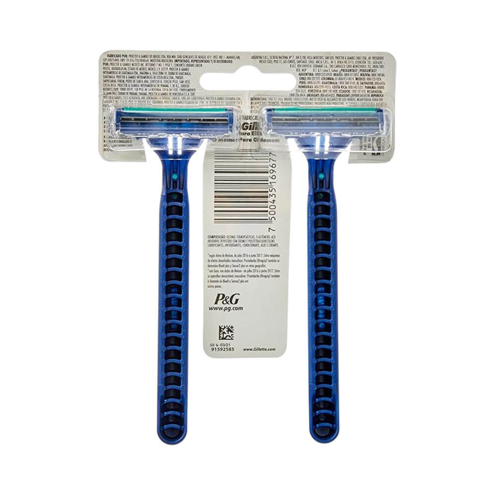 Imagem traseira do Aparelho de Barbear Gillette Prestobarba UltraGrip 2 mostrando lâminas e cabo