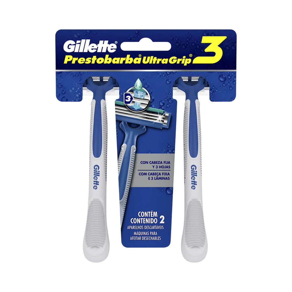 Imagem frontal do Aparelho Gillette Prestobarba UltraGrip 3 com cabo fixo e 2 unidades