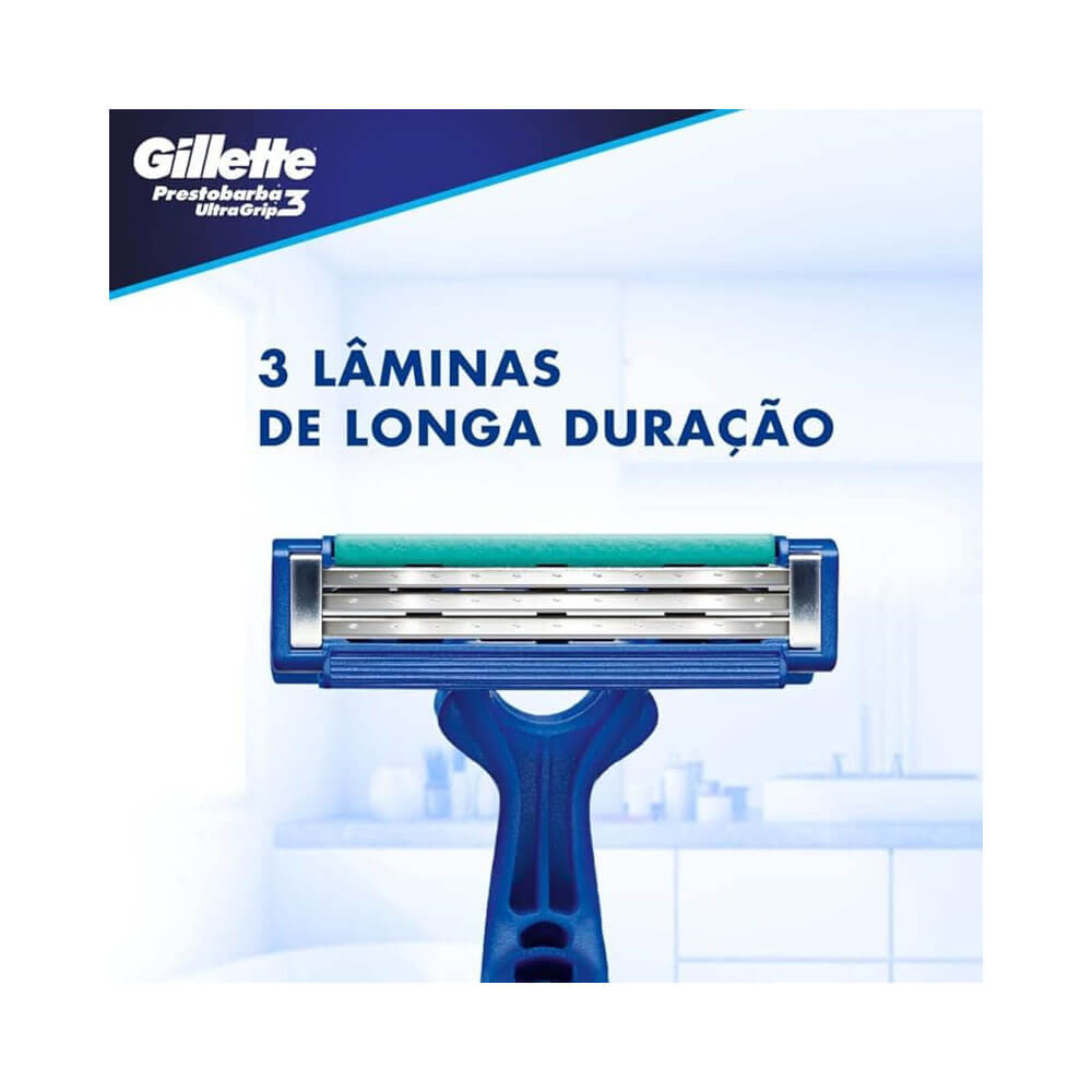 Close das três lâminas cromadas do Aparelho Gillette Prestobarba UltraGrip 3