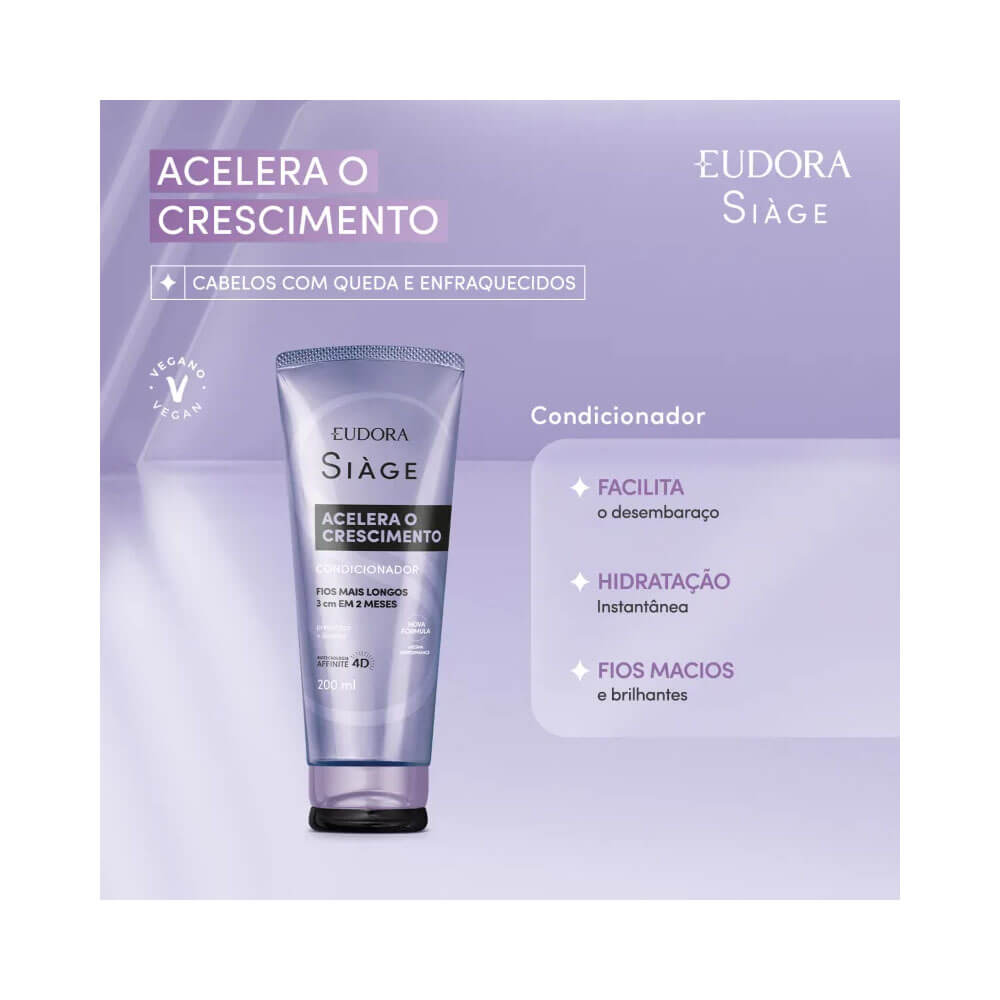Embalagem lilás do Condicionador Siàge Acelera o Crescimento com destaque para hidratação e maciez