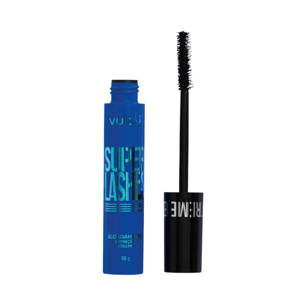 Máscara de Cílios Vult Extreme Super Lashes com aplicador aberto e tubo azul