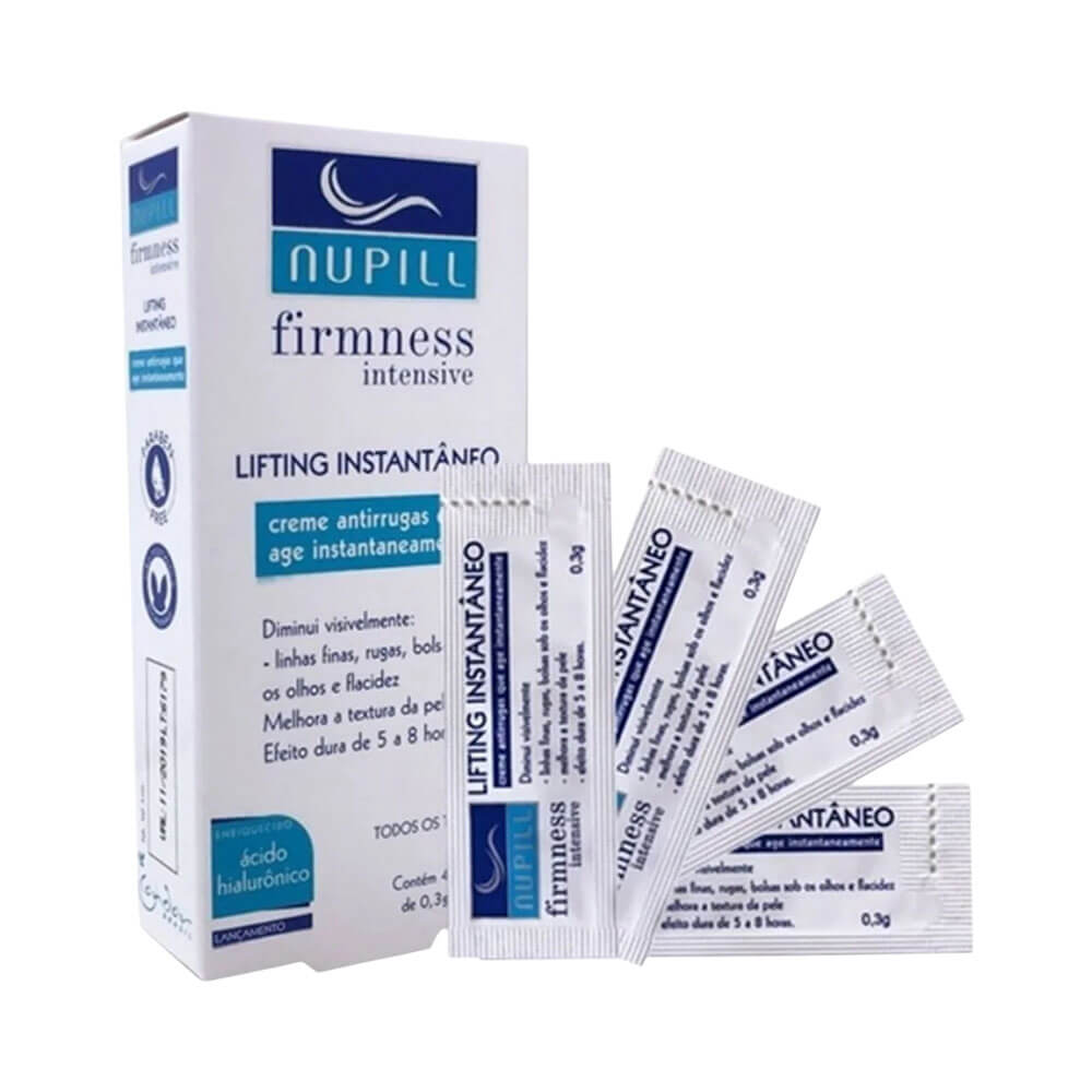 Creme Nupill Firmness Intensive Lifting Instantâneo embalagem caixa branca com detalhes em azul e quatro sachês alinhados