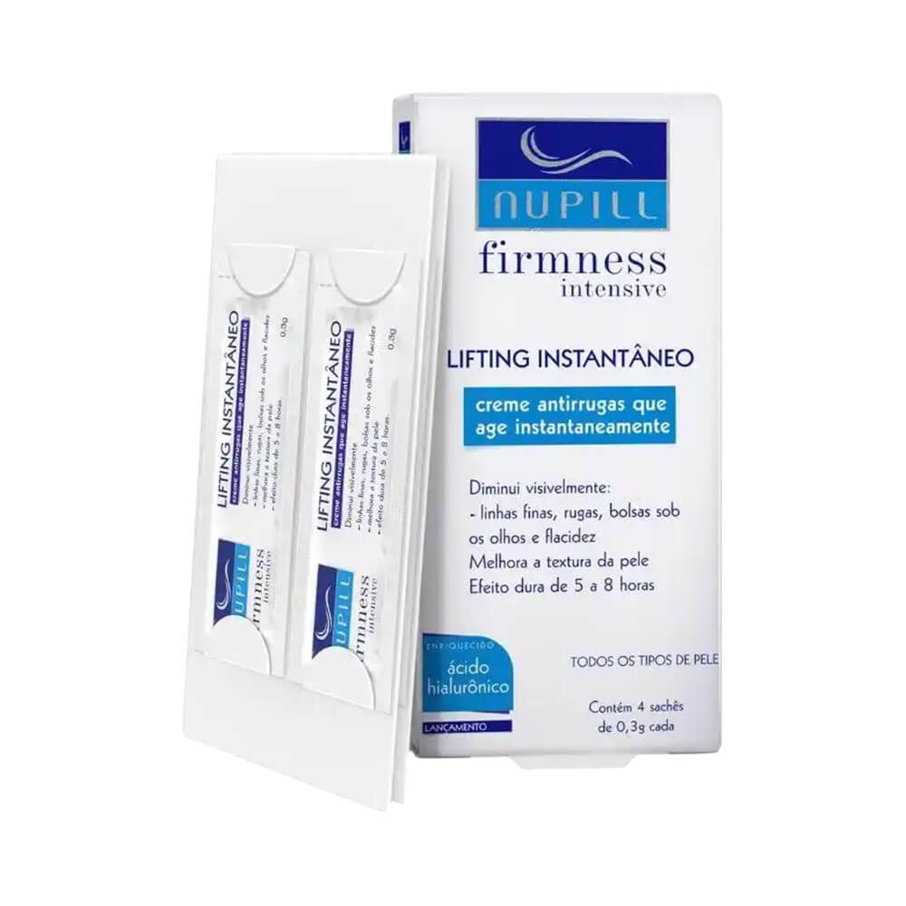 Creme Nupill Firmness Intensive Lifting Instantâneo embalagem branca com detalhes azuis e quatro sachês em suporte aberto