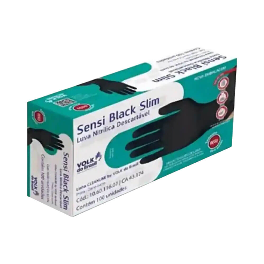 Embalagem da Luva Descartável Volk Nitrílica Sensi Black Slim G 100 Unidades
