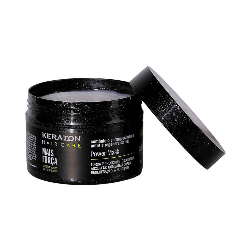 Máscara Capilar Keraton Mais Força 300g com tampa removida mostrando o creme branco dentro do pote