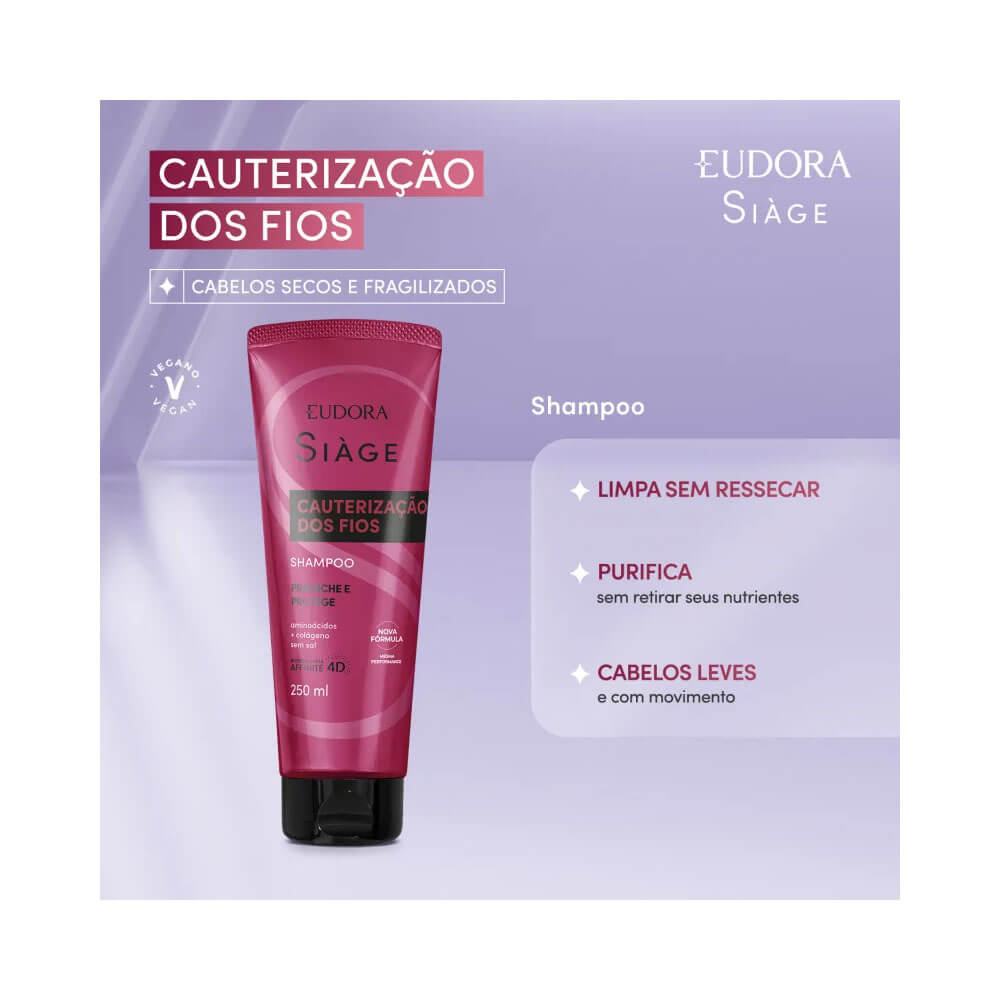 Shampoo Siàge Cauterização dos Fios em destaque com fundo lilás, embalagem rosa com tampa preta