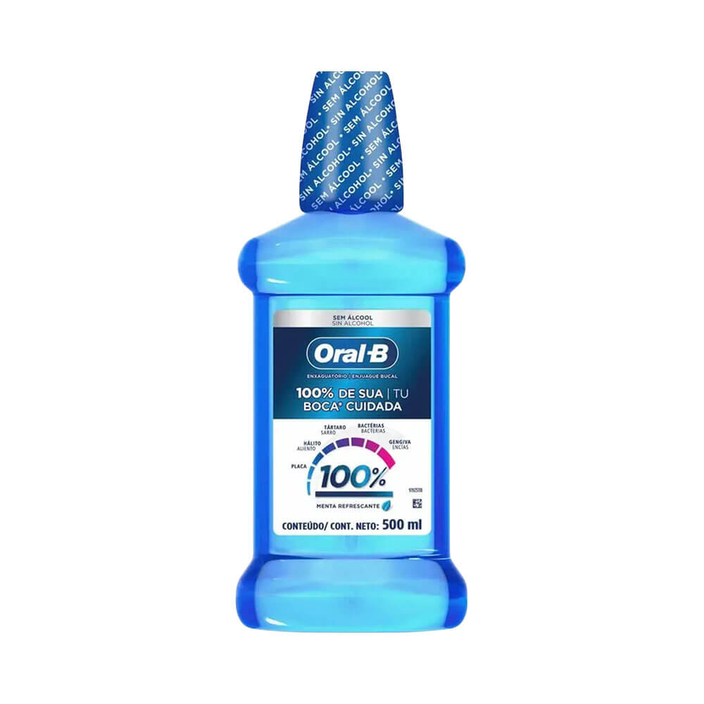 Frontal do produto Enxaguante Bucal Oral B 100% da Sua Boca Cuidada, embalagem azul translúcida com tampa azul escuro
