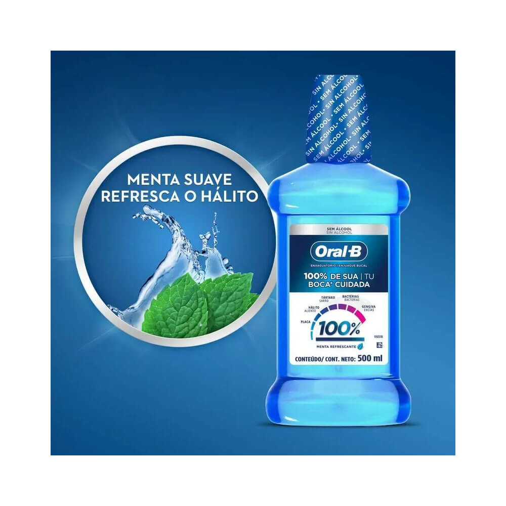 Frasco do Enxaguante Bucal Oral B com destaque para texto 'Menta Suave Refresca o Hálito'