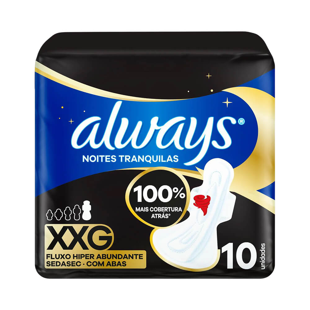 Embalagem do Absorvente Always Noites Tranquilas XXG Seca com Abas 10 Unidades