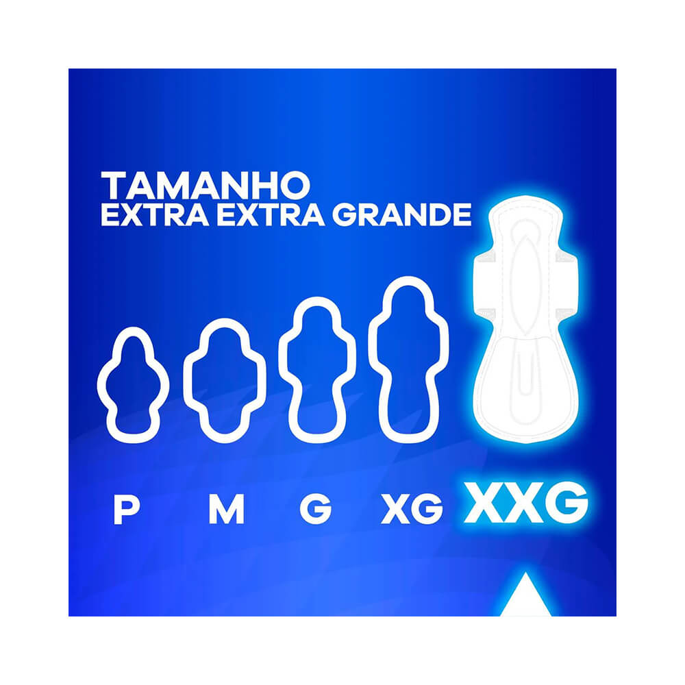 Escala de tamanhos dos absorventes Always Noites Tranquilas destacando o XXG