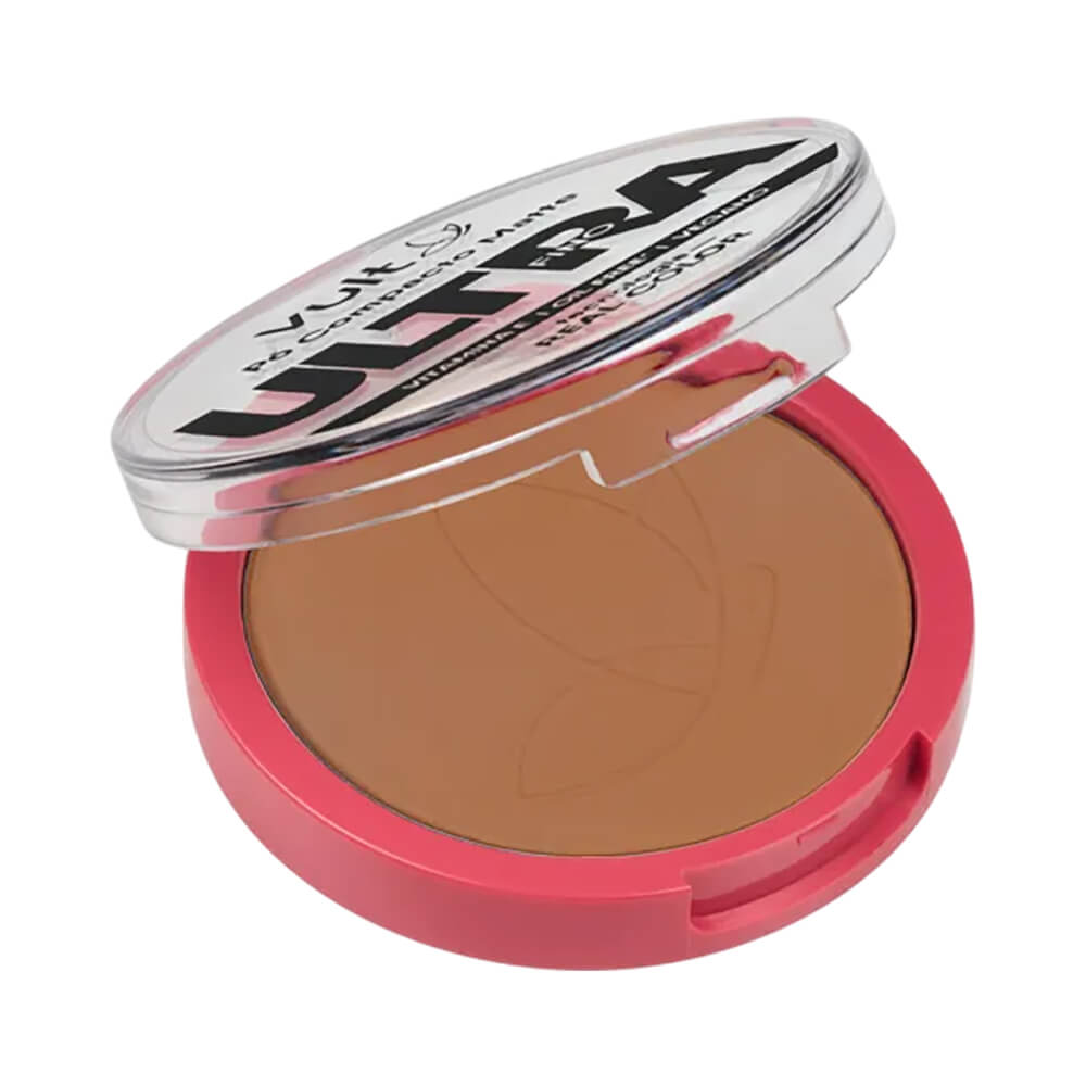 Pó Compacto Vult Ultra Fino Matte V460 aberto mostrando o pó marrom com relevo de borboleta