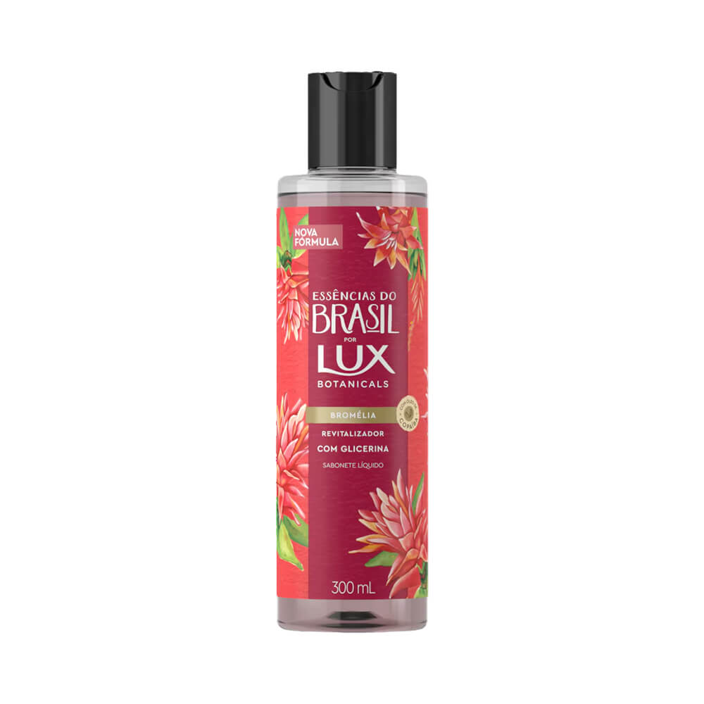 Sabonete Líquido Lux Essências do Brasil Bromélia 300ml, embalagem translúcida com tampa preta e rótulo vermelho com flores de bromélia