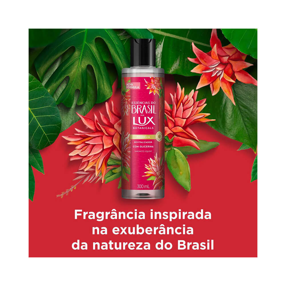 Sabonete Líquido Lux Essências do Brasil Bromélia 300ml com fundo vermelho e flores de bromélia