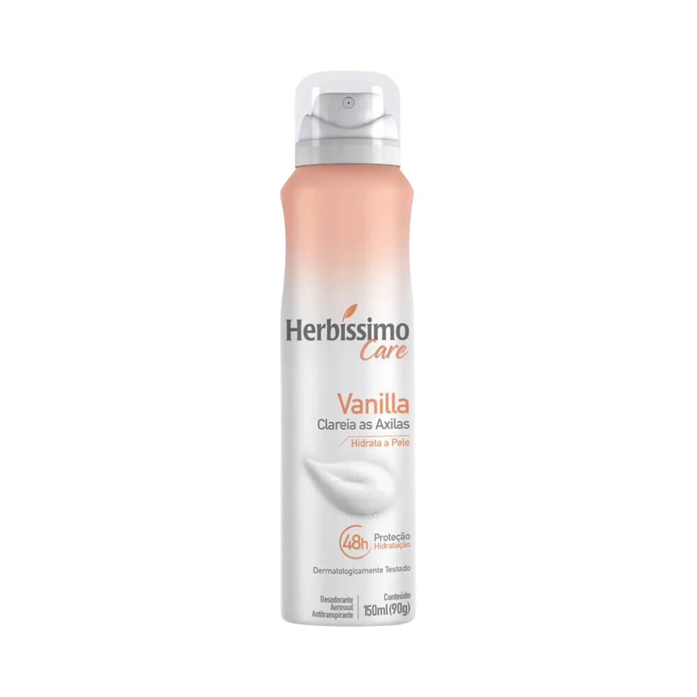Desodorante aerosol Herbíssimo Care Vanilla 150ml em embalagem branca com detalhes pêssego e tampa transparente