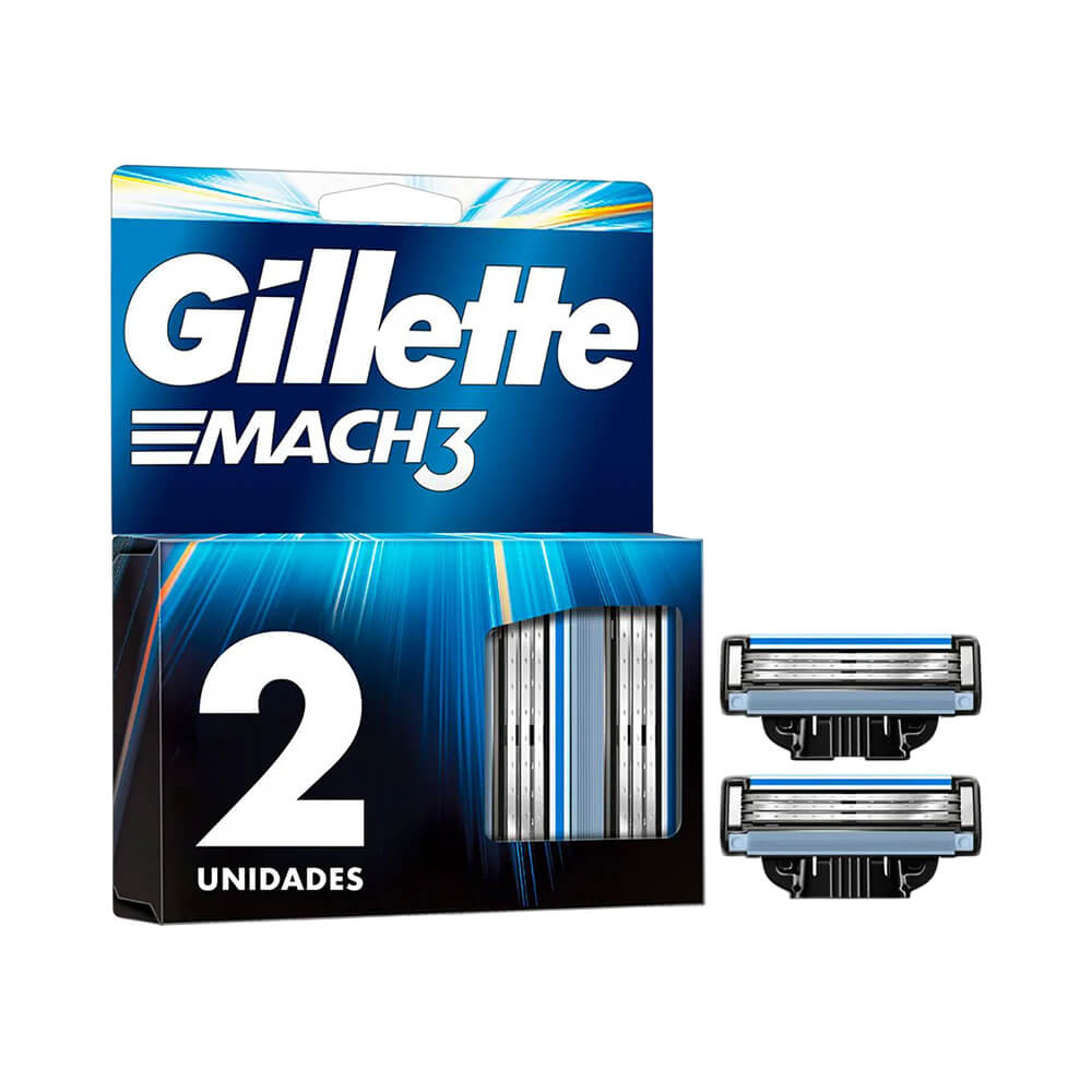 Embalagem da Carga para Aparelho de Barbear Gillette Mach3 com 2 unidades, mostrando as lâminas e detalhes em azul.