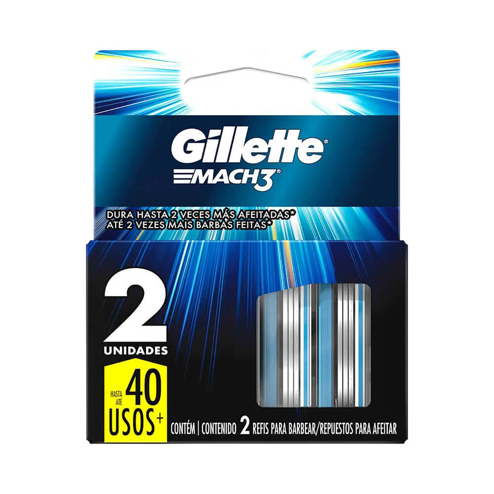 Embalagem do refil Gillette Mach3 com 2 unidades em fundo azul escuro.
