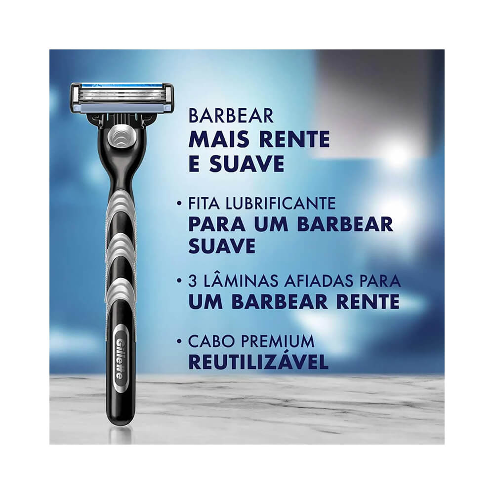 Aparelho Gillette Mach3 com carga instalada, mostrando detalhes do design e lâminas.
