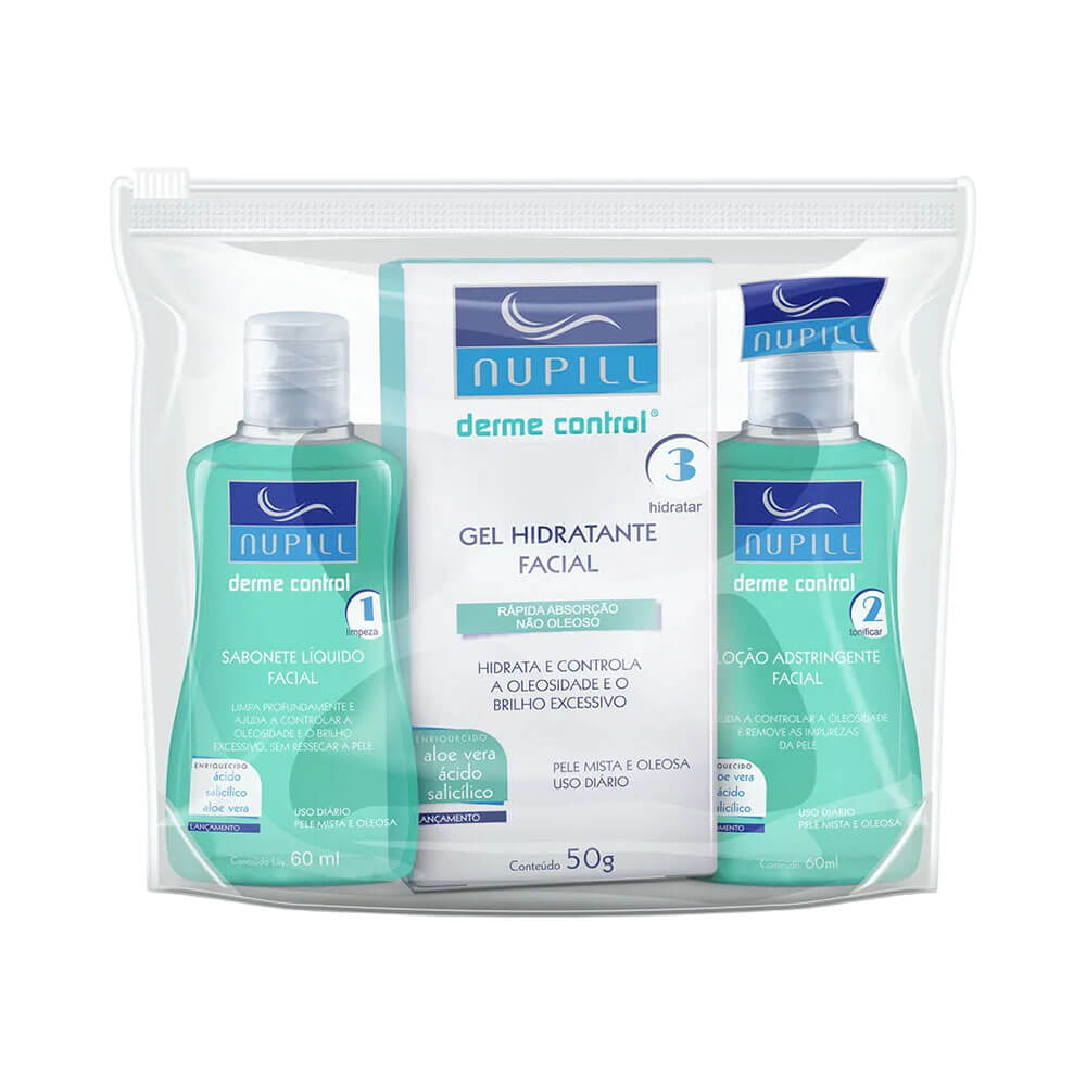 Kit Nupill Derme Control Travel Size com sabonete, loção adstringente e gel hidratante em embalagem transparente