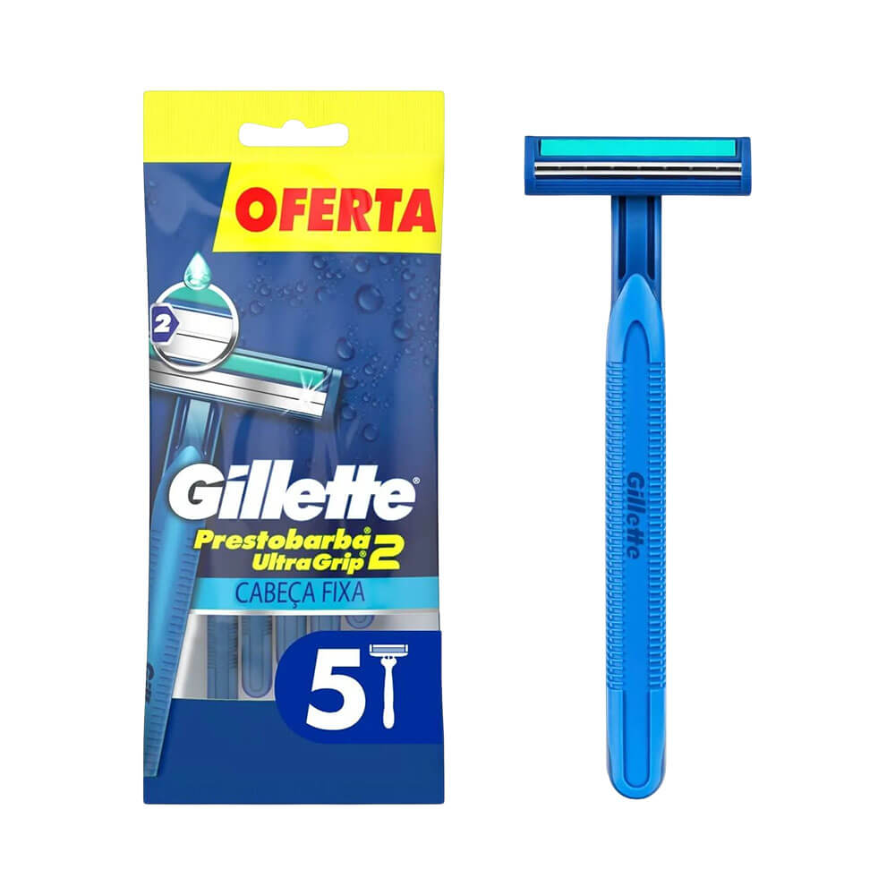 Kit Aparelho de Barbear Gillette Prestobarba UltraGrip Cabeça Fixa com 5 unidades, embalagem azul escuro com detalhes amarelo e branco