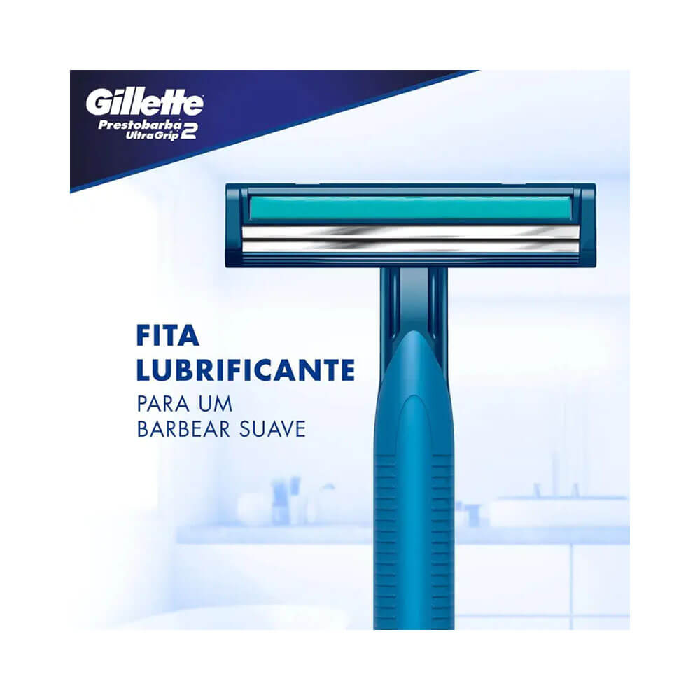 Aparelho de barbear Gillette Prestobarba UltraGrip com foco na lâmina e fita lubrificante