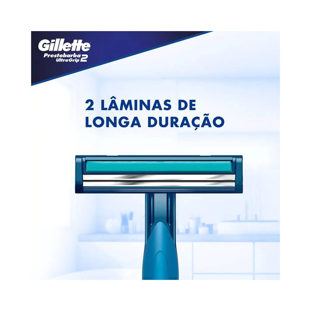 Aparelho de barbear Gillette Prestobarba UltraGrip com destaque para as duas lâminas de longa duração