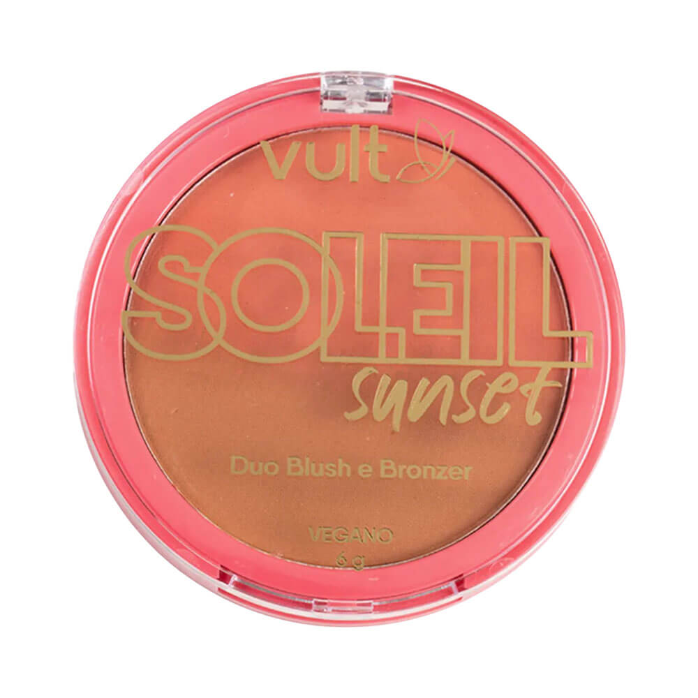 Pó Compacto Vult Soleil Sunset Duo Iluminador e Bronzer em embalagem redonda com tampa transparente e borda rosa