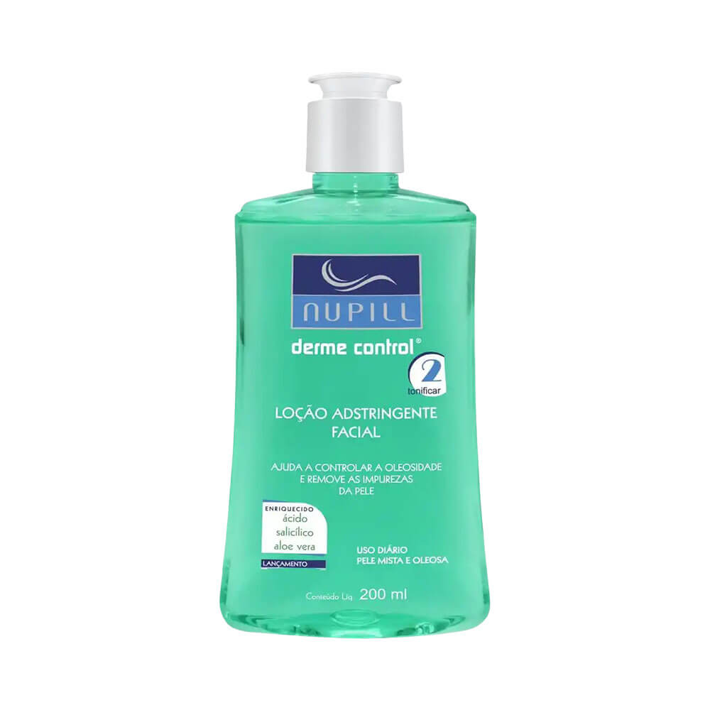 Loção Adstringente Facial Nupill Derme Control 200ml em embalagem plástica transparente com líquido verde e tampa branca pump