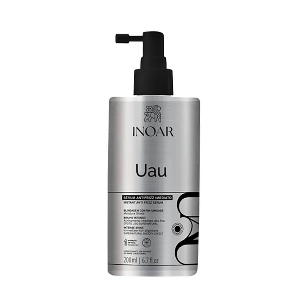 Frontal do Sérum Capilar Inoar Uau Antifrizz Imediato em embalagem prateada com pump preto