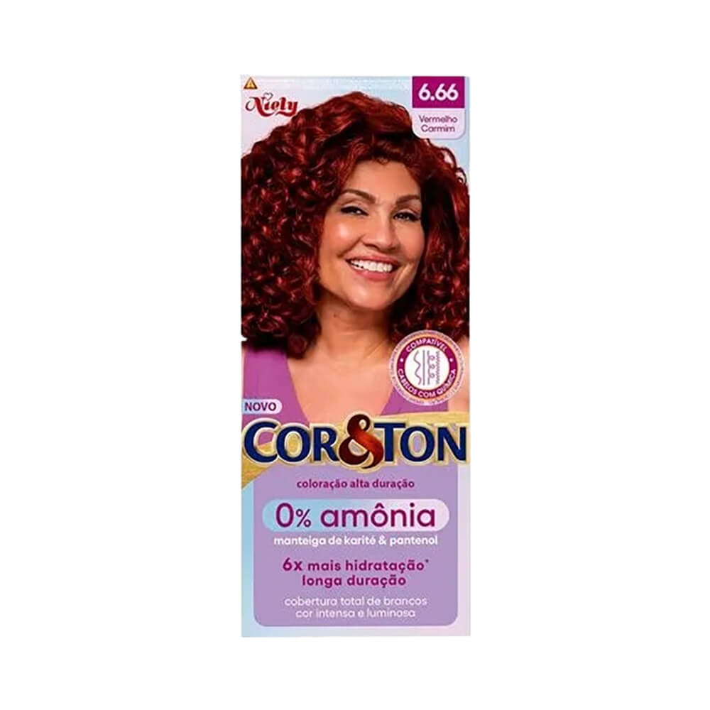 Embalagem da Coloração Cor & Ton sem Amônia 6.66 Vermelho Carmim com modelo de cabelo cacheado vermelho vibrante